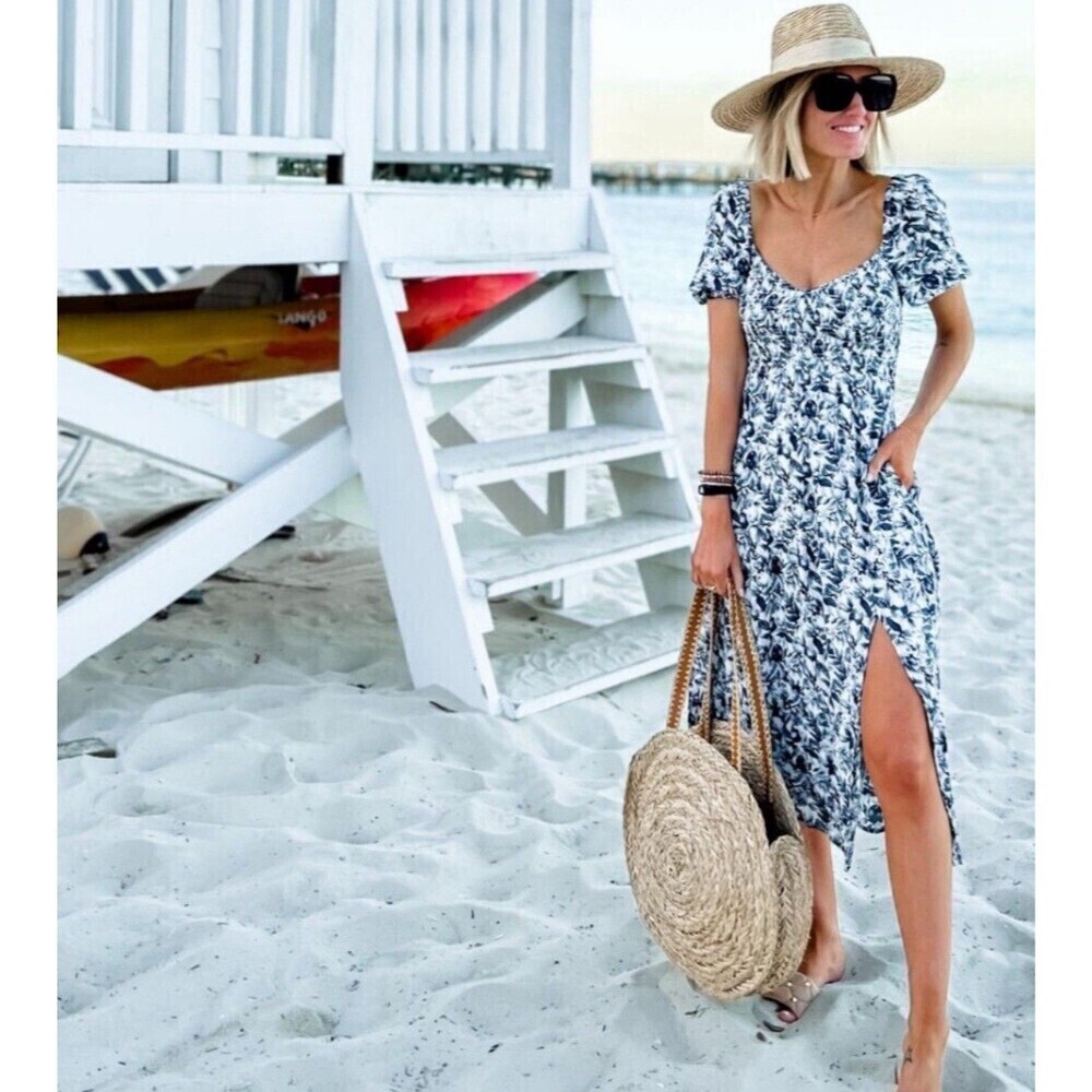 Abercrombie & Fitch Smocked Square Neck Puff Sleeve Midi Dress XS Coastal Beach